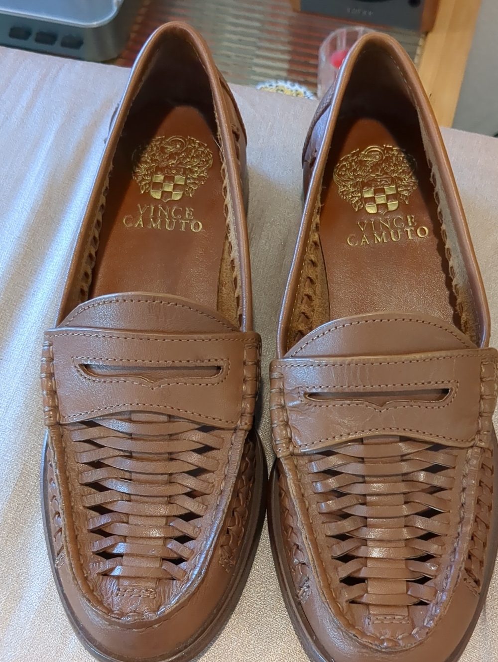 Vince Camuto Brown Woven Leather Penny Loafers Womens